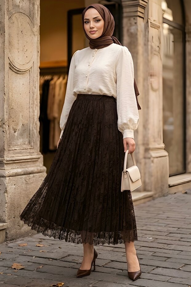 Brown Flocked Printed Lined Tulle Skirt