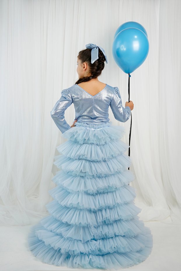 Layers of Tulle with Train, Shiny Long Sleeves, Spanish Flare 3-Piece Girls' Outfit – Show, Party, and Special Occasion Attire