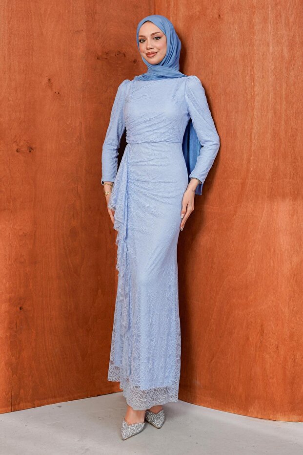 Baby Blue Lace Guipure Embroidered Evening Dress