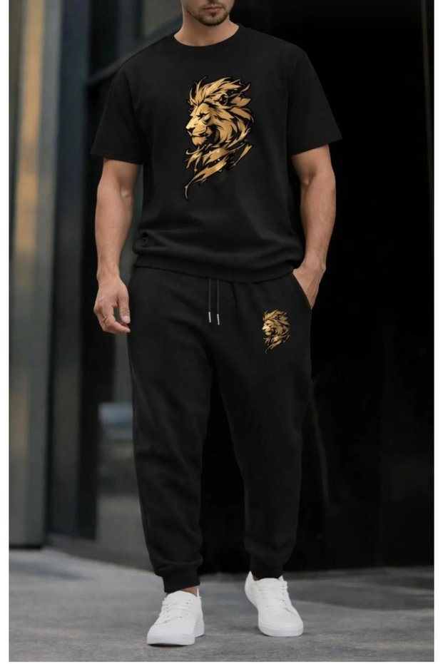 T-Shirt Sweatshirt 2-Piece Combination Lion Printed Sweatproof Women'S/Men's Unisex Model