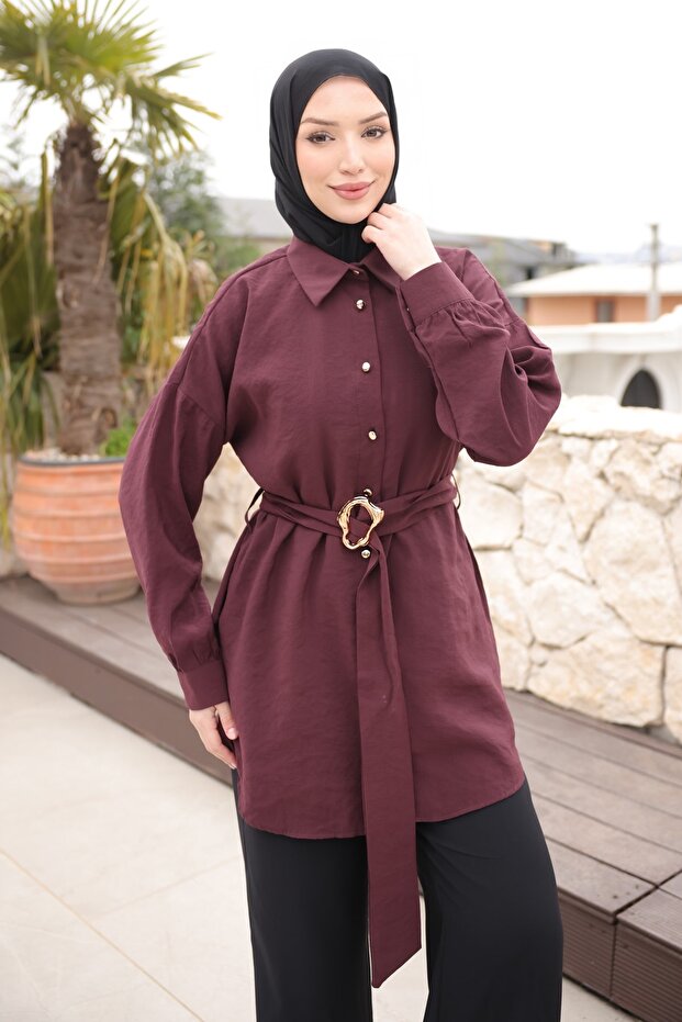 Plum Buttoned Belted Tunic