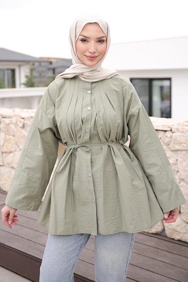 Khaki Pleated Tie-Front Tunic