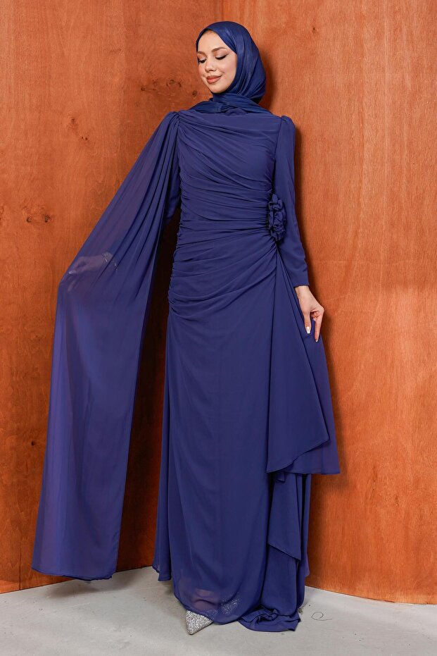 Navy Blue Cape and Rose Detailed Chiffon Evening Dress