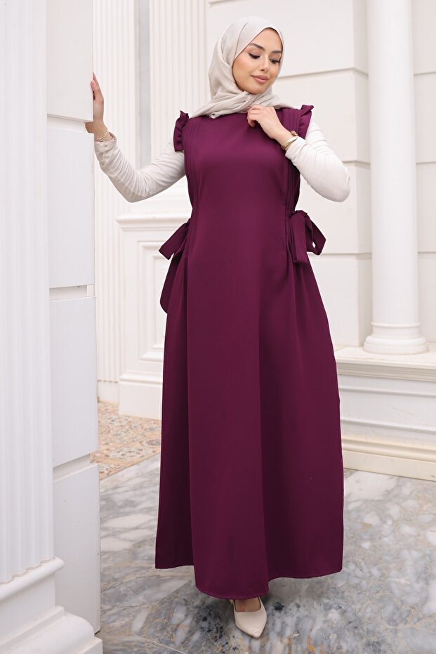 Plum Waist Belted Dress with Ruffled Sleeves