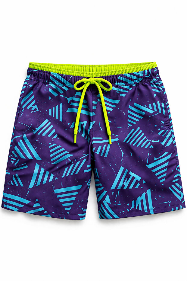 Boys' Purple Patterned Swim Shorts with Neon Laces