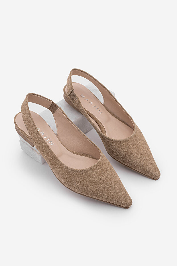 Women's Pointed Toe Open Back Thick Banded Elastic Daily Ballerinas Venga Beige Suede