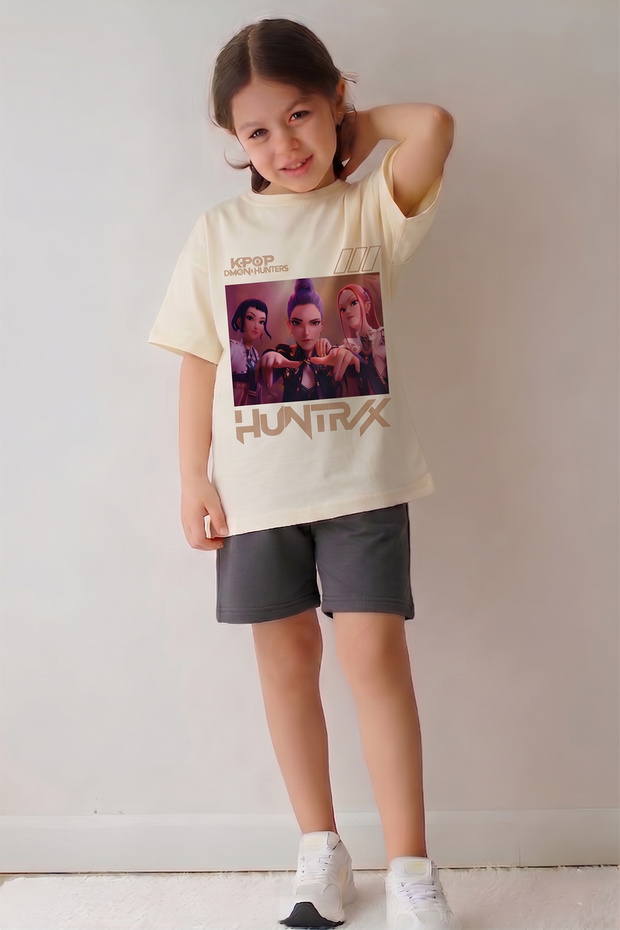 Girl's Top Oversize Single Jersey Bottom Two-Thread Hun2 Printed Top and Bottom Set