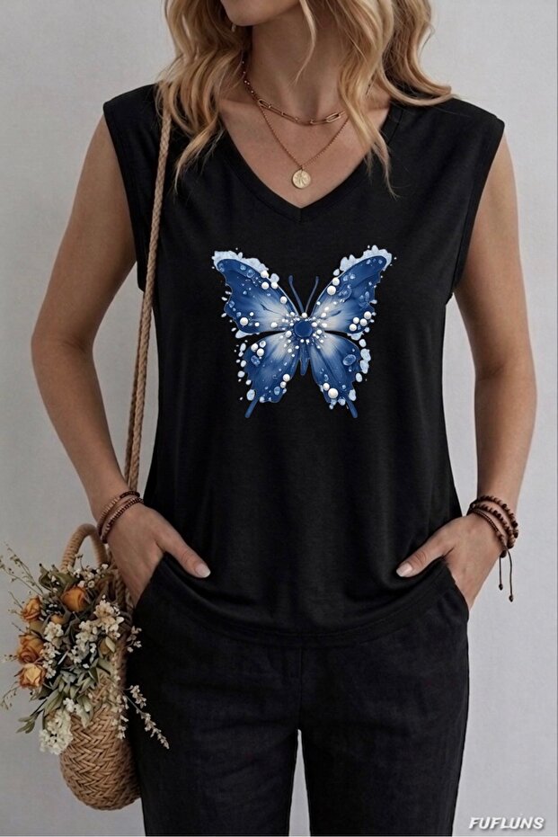 Patterned Butterfly Printed Women's Oversize Sleeveless T-Shirt
