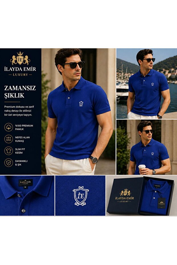 Blue Men's Polo Collar Buttoned Sweatshirt with Chest Emblem, 100% Cotton, Casual and Stylish