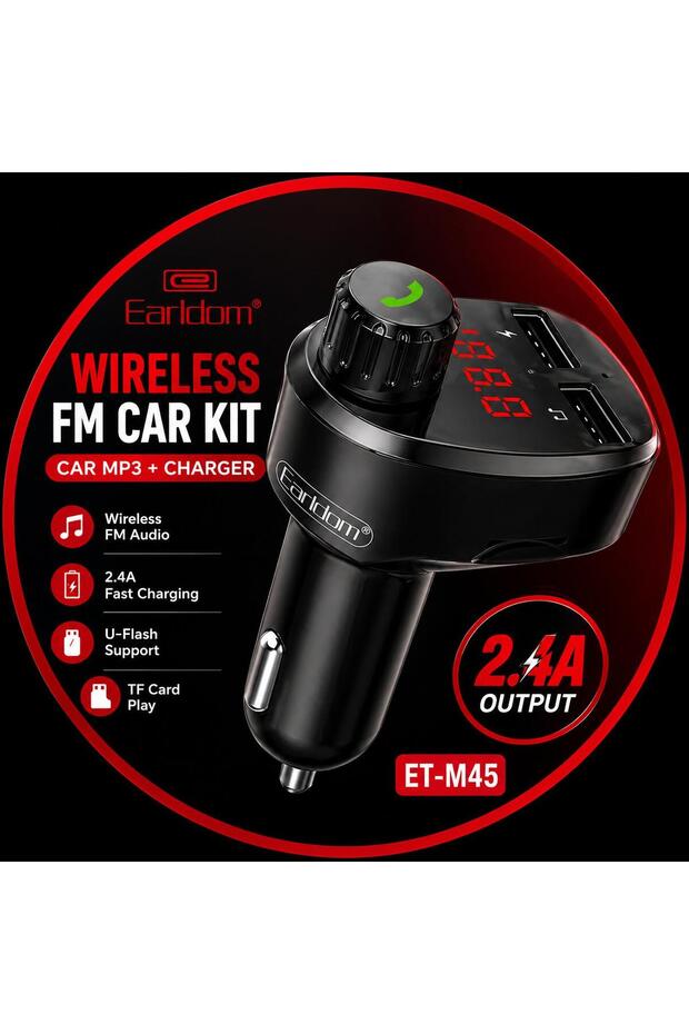 ET-M45 Wireless FM Transmitter Car Kit 2.4A Fast Charger Dual USB MP3 Player Hands-Free Calling TF Card & USB Support