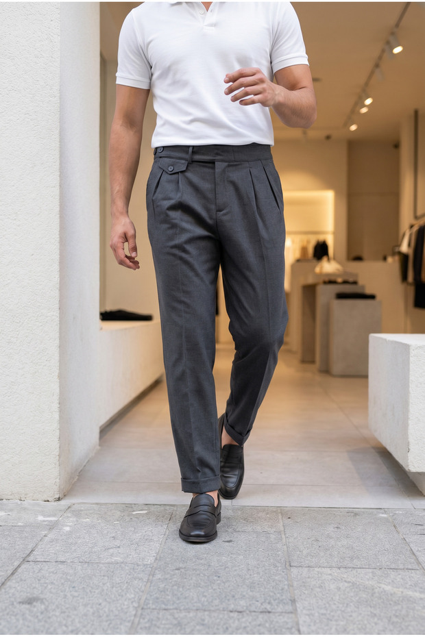 Men's Boyfriend Style Pleated Double-Legged Smoked Fabric Trousers Mz-1054