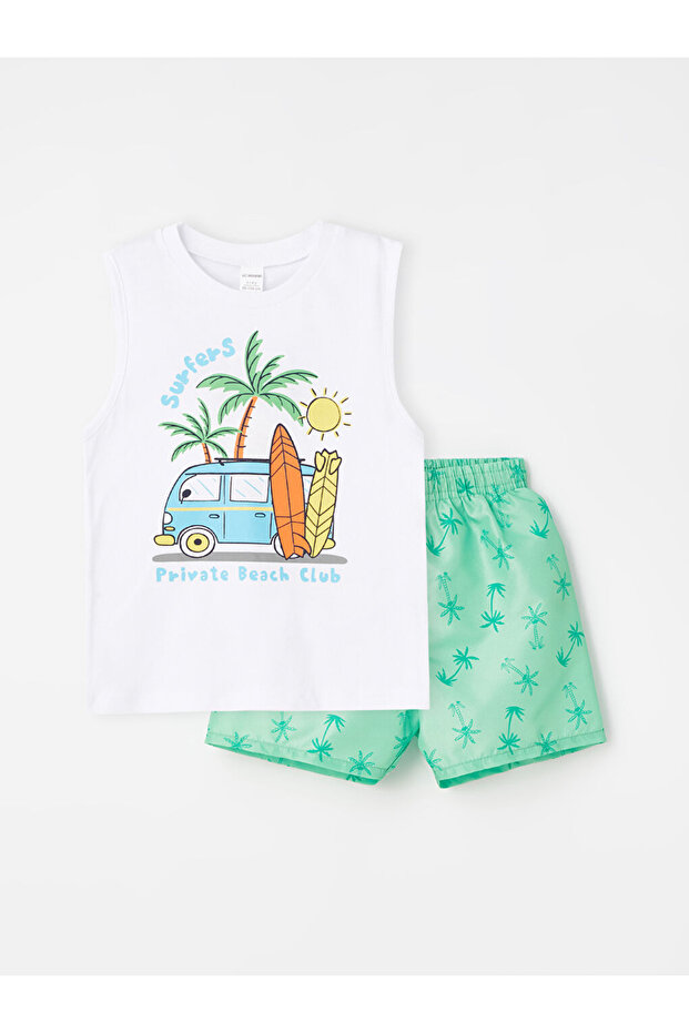 Lcw Kids Ma Bella White Crew Neck Printed Baby Boy Undershirt and Swim Shorts 2-Piece Set