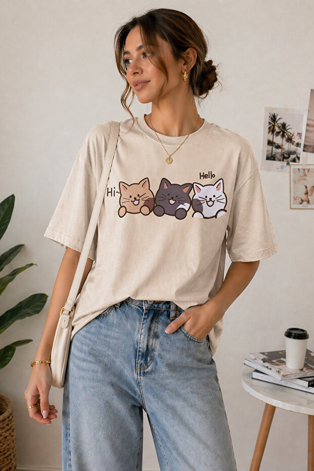 Hello Cat Printed Unisex Oversize T-Shirt – Cotton Crew Neck Casual T-Shirt
