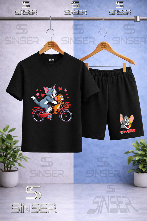 Kids' Cat Mouse Tm Jry Bike Printed Crew Neck T-Shirt - Shorts Set