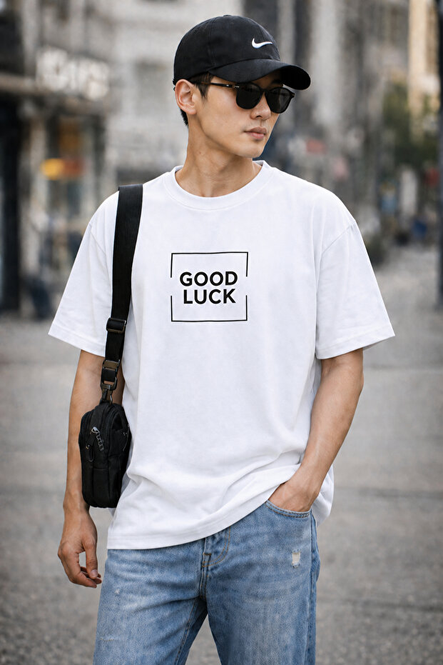 Good Luck Text Printed Unisex Oversize T-Shirt – Cotton Crew Neck Casual T-Shirt