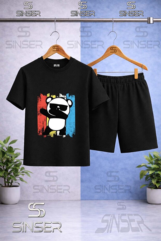 Children's Panda Colorful Canvas Eyeglasses Printed Crew Neck T-Shirt - Shorts Set