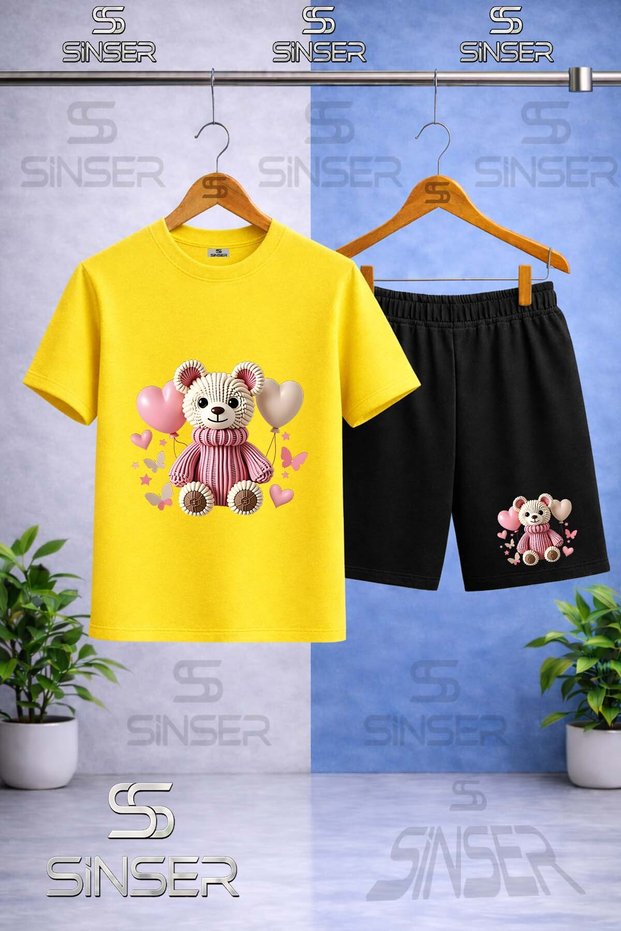 Children's Bear with Pink Balloons Printed Crew Neck T-Shirt - Shorts Set