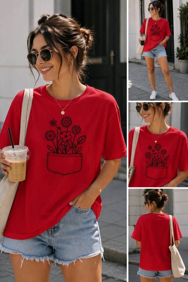 Pocket Flower Minimal Printed Unisex Oversize T-Shirt – Cotton Crew Neck Casual T-Shirt