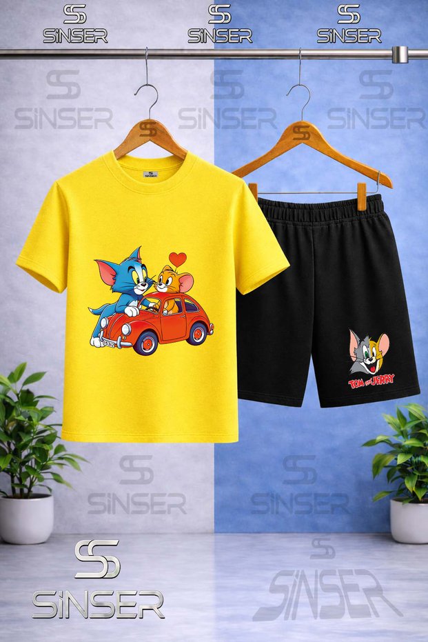 Kids' Cat Mouse Tm Jry Car Heart Printed Crew Neck T-Shirt - Shorts Set