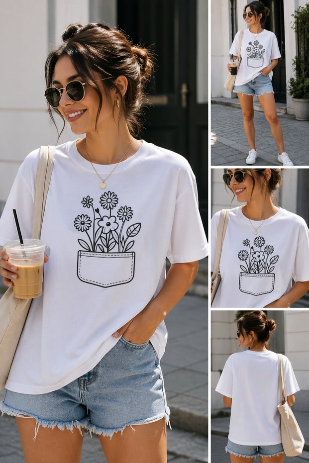 Pocket Flower Minimal Printed Unisex Oversize T-Shirt – Cotton Crew Neck Casual T-Shirt