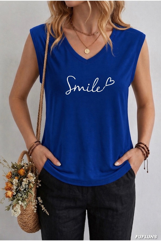 Smile Heart Printed Women's Oversize Sleeveless T-Shirt