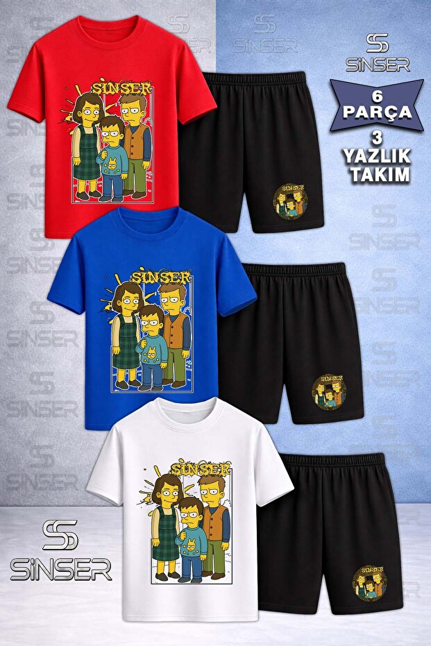 Kids' Simpsn Sinser Printed Crew Neck 3-Piece T-Shirt - Shorts Set