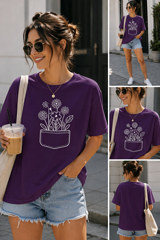 Pocket Flower Minimal Printed Unisex Oversize T-Shirt – Cotton Crew Neck Casual T-Shirt