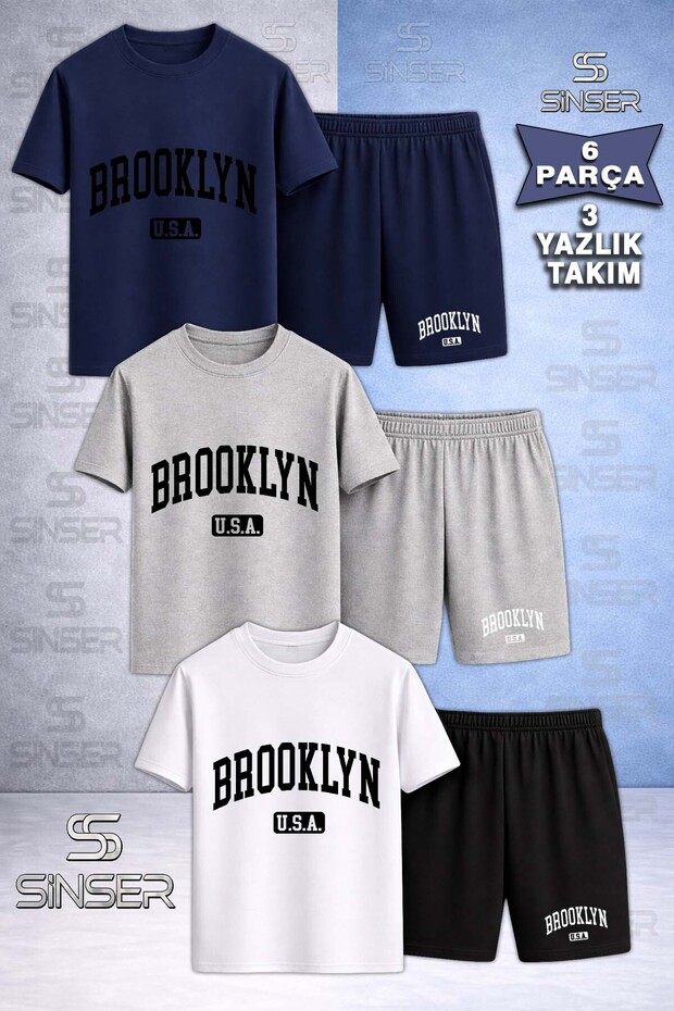 Children's Black Brooklyn Alt Usa Printed Crew Neck 3-Piece T-Shirt - Shorts Set