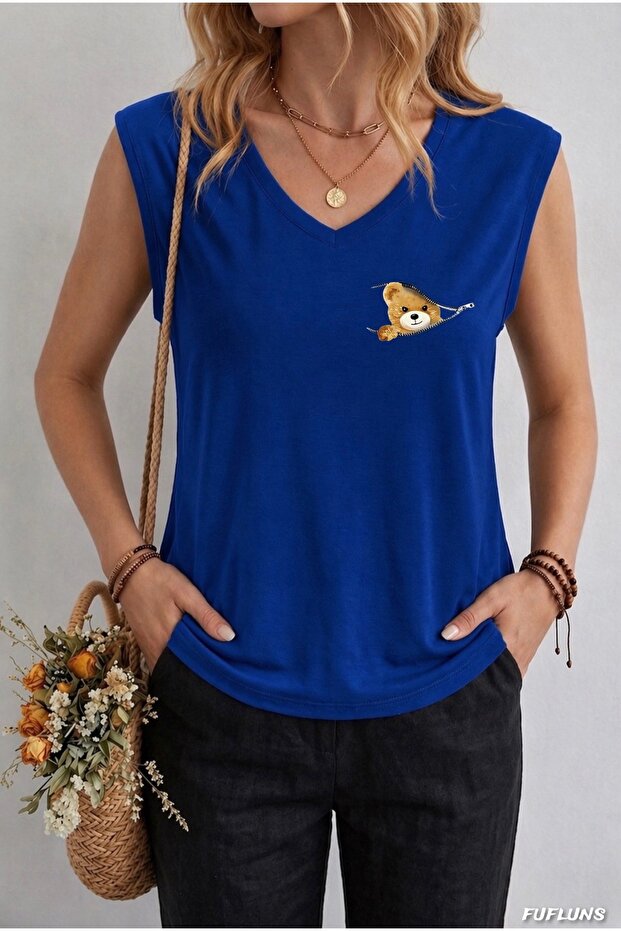 Mini Zipper Bear Printed Women's Oversize Sleeveless T-Shirt