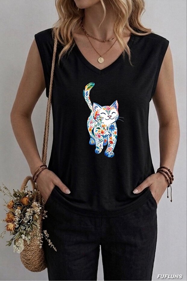 Cute Cat with Flowers Printed Women's Oversize Sleeveless T-Shirt
