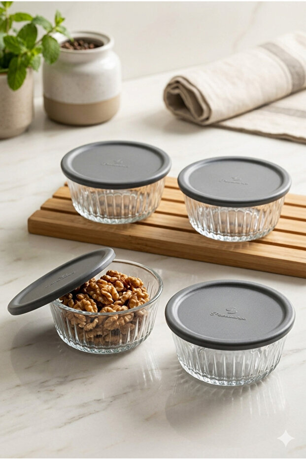 Frezya Set of 4 Glass Storage Containers with Lids 330 ml - Kitchen Organizer Bowl with Gray Lid
