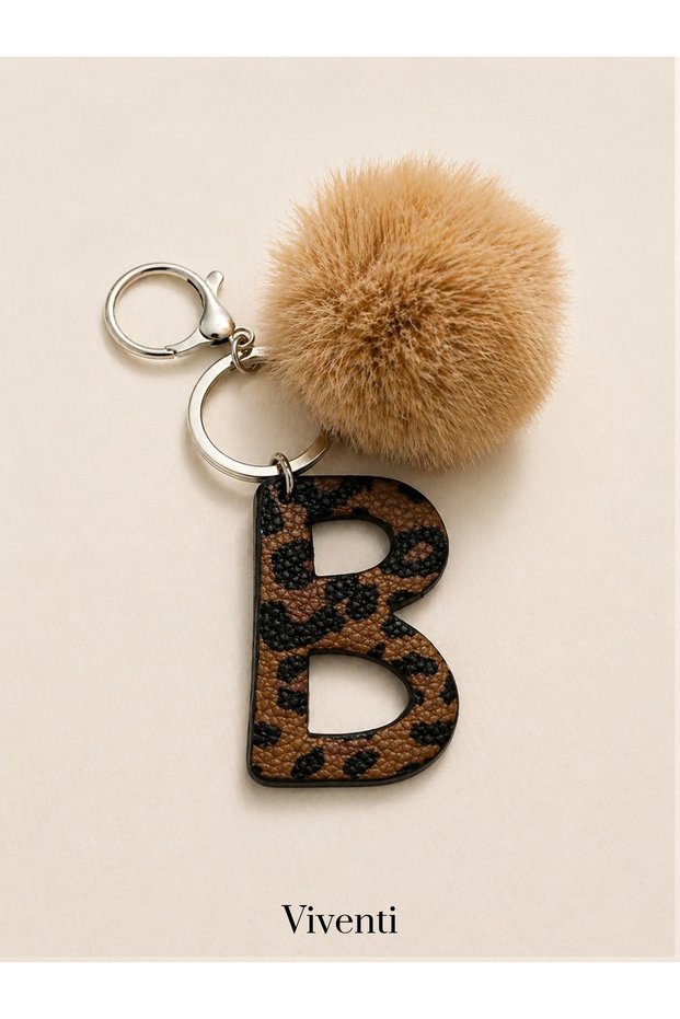 Leopard Patterned Leather Letter Keychain Charm with Pompom Bag Ornament Accessory with Hook Stylish Design for Women