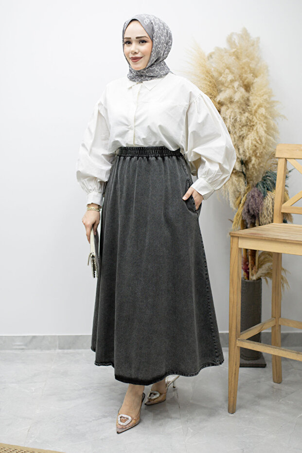 Flared Denim Skirt with Pockets Tsd260178 Anthracite
