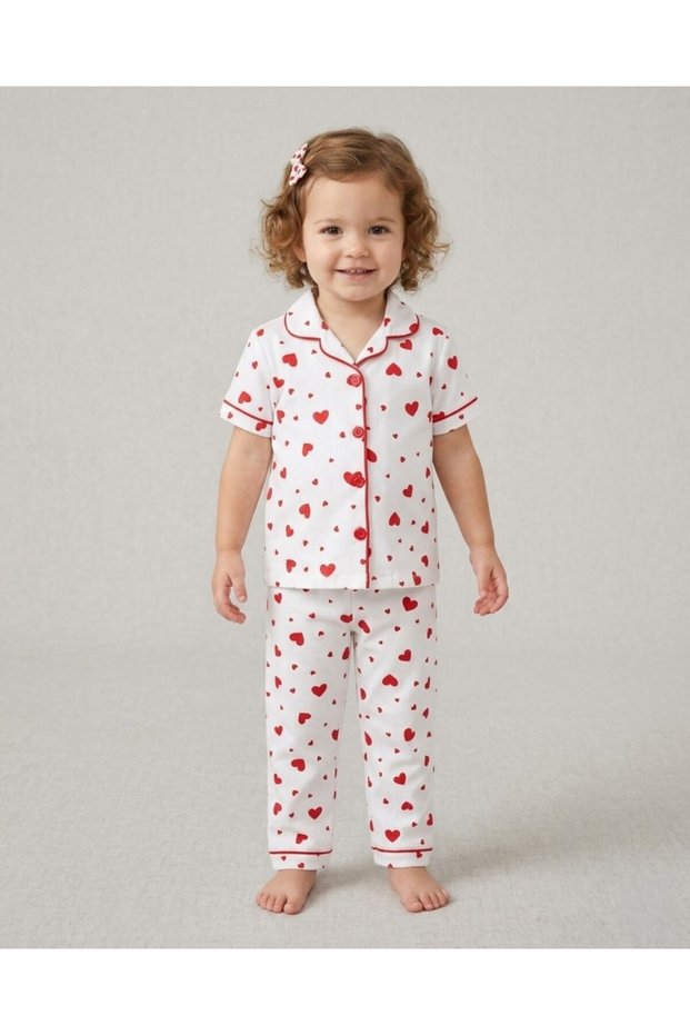 Girls' Mixed Heart Print 3-14 Years Summer Short Sleeve Buttoned Nightgown Pajama Set