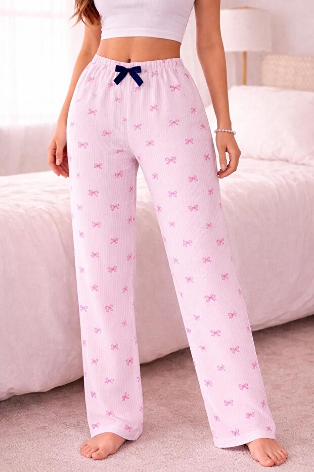 Kur,Dele Patterned Thin Breathable Satin Ribbon Waist Detail Women's Pajama Bottoms