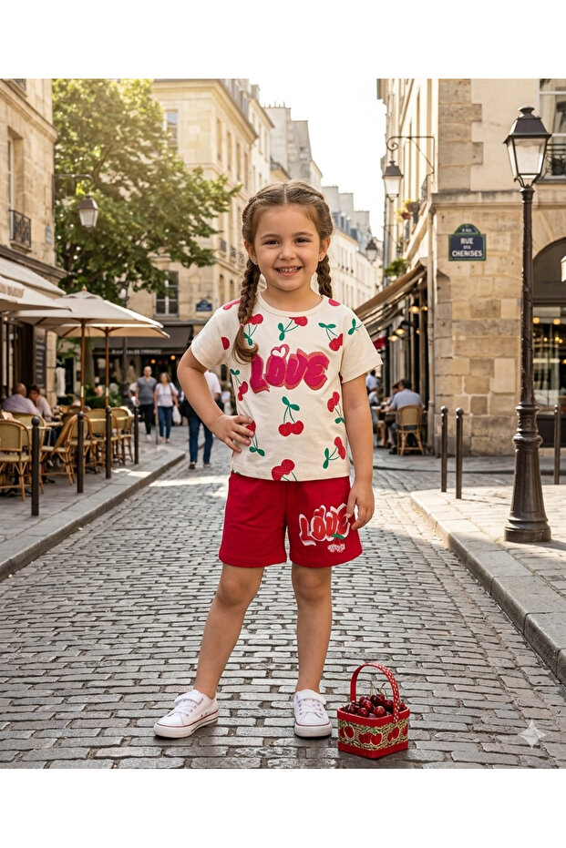 Love Written Cherry Printed Shorts and Top Summer Girls' Set