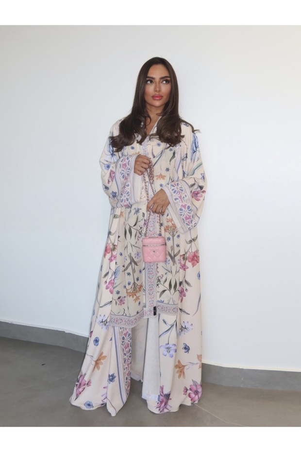 Fashionable Floral Print Front-opening Abaya Two-piece Set Including Headscarf