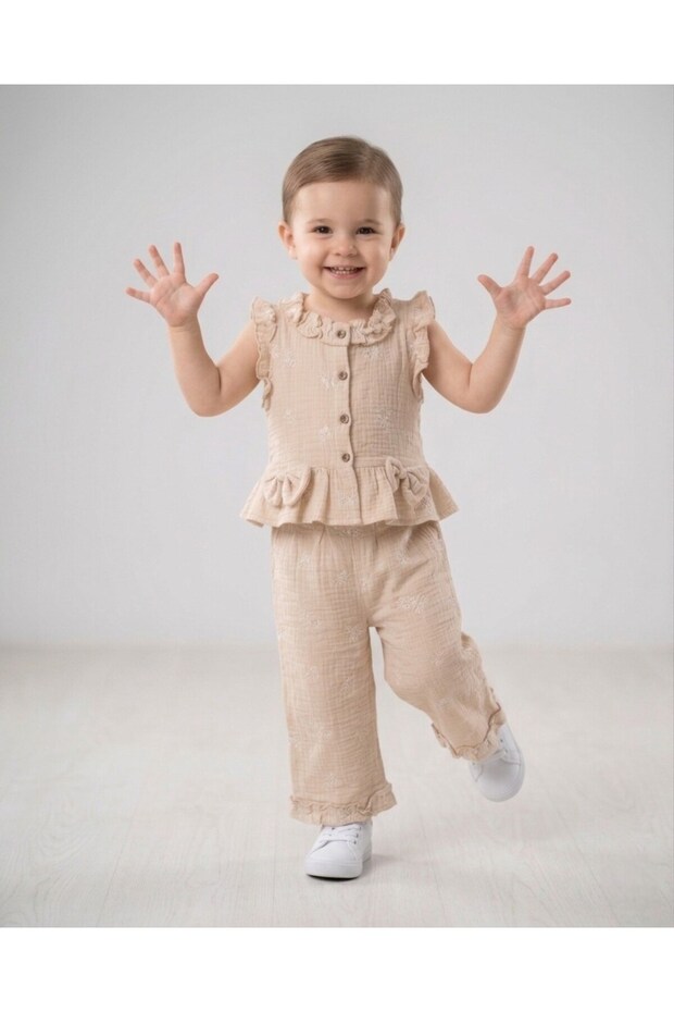 Girl's Summer 2-3-4-5-6 Years Old Stylish Muslin Set with Shirt and Pants, Elegant Girl's Set 100% Cotton
