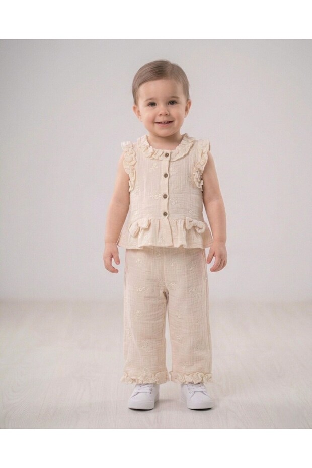Girl's Summer 2-3-4-5-6 Years Old Stylish Muslin Set with Shirt and Pants, Elegant Girl's Set 100% Cotton