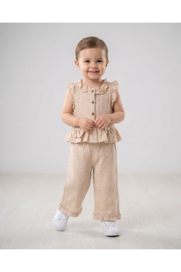 Girl's Summer 2-3-4-5-6 Years Old Stylish Muslin Set with Shirt and Pants, Elegant Girl's Set 100% Cotton
