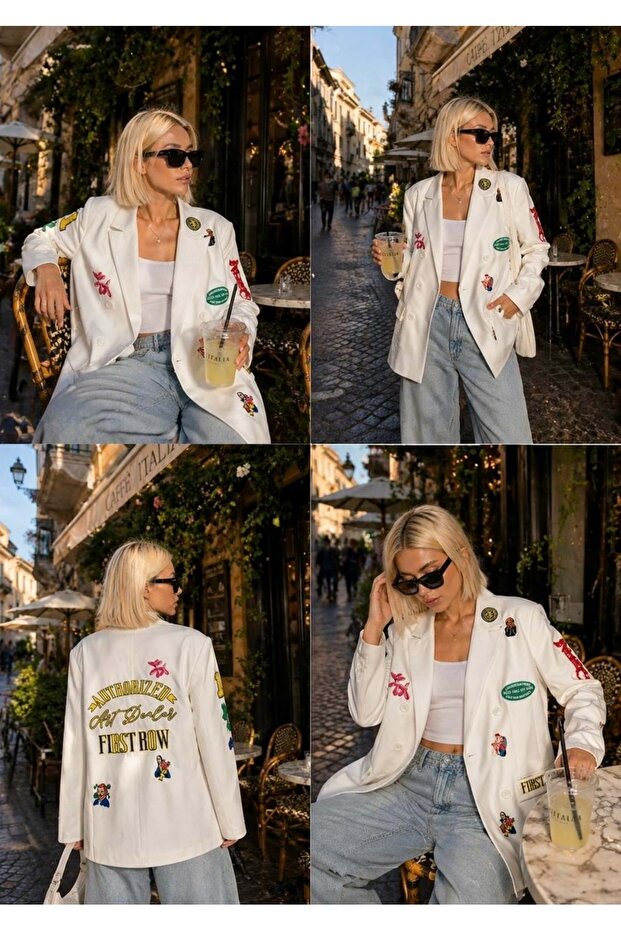 Patch detailed oversize blazer jacket white double buttoned street style - 3