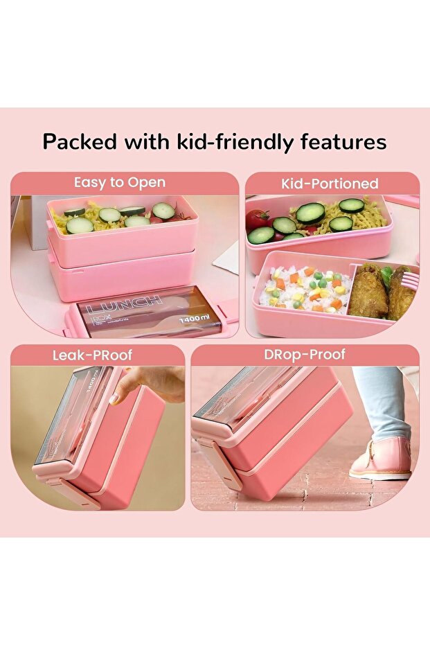 Bento Lunch Box, Stackable 2 Layer 3 Compartments Leak Proof 1400ml with Spoon Fork - 2