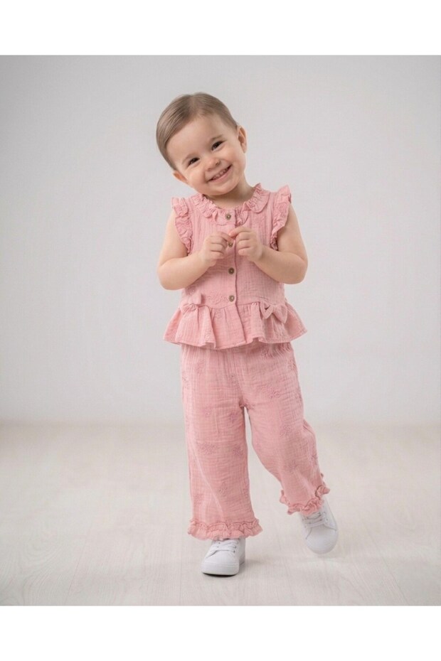 Girl's Summer 2-3-4-5-6 Years Old Stylish Muslin Set with Shirt and Pants, Elegant Girl's Set 100% Cotton