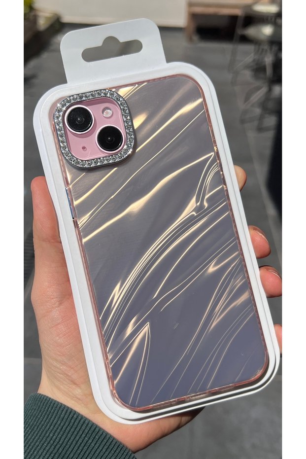 متوافق مع iPhone 15 PLUS و14 PLUS - غطاء حماية بتصميم مموج وإطار للكاميرا مزين بالأحجار