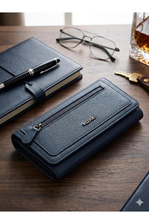 Genuine Leather Magnet Cover Long Size Women's Hand Wallet Navy Blue