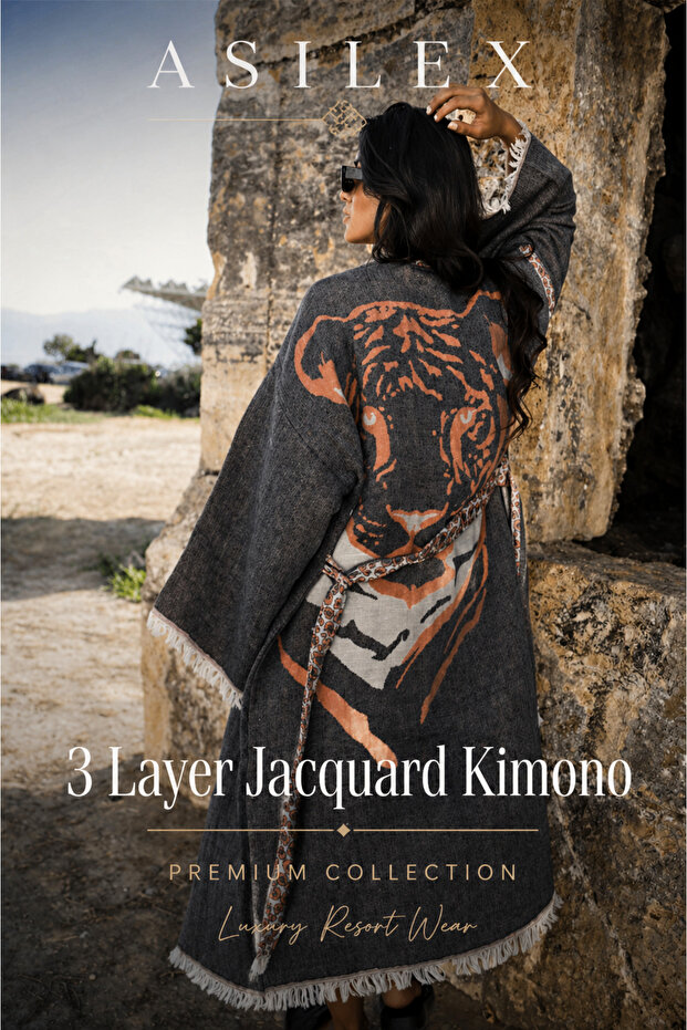 3 Layer Tiger Pattern Jacquard Kimono, Premium Oversize Women's Kimono, Soft Textured, Beach and Daily Use