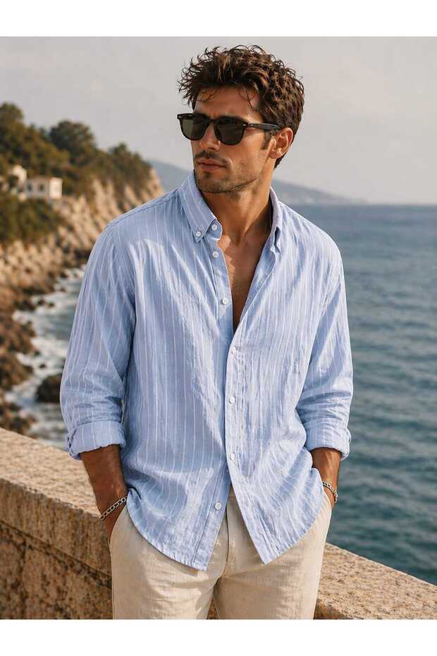 Tensel Iron-Free, Thin Light Textured Fabric, Striped Draped Half-Oversize Summer Men's Shirt