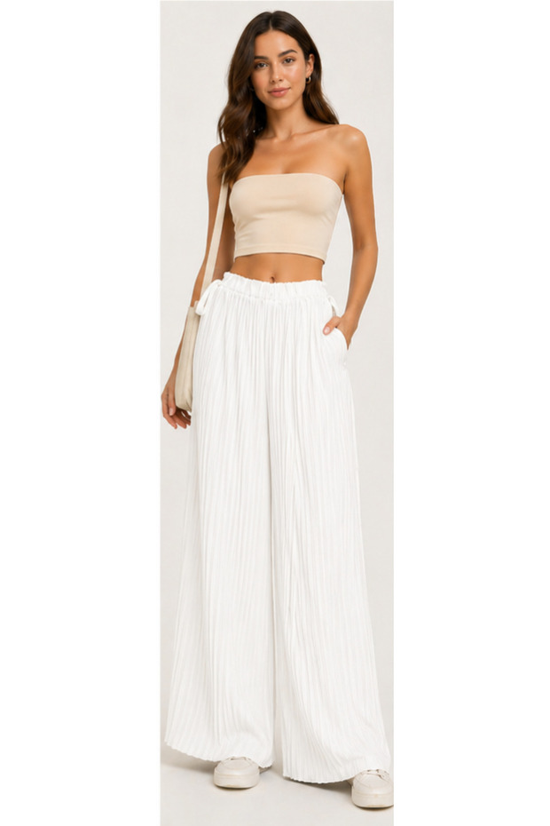 Women's White Pleated Elastic Waist Wide Leg Chiffon Trousers