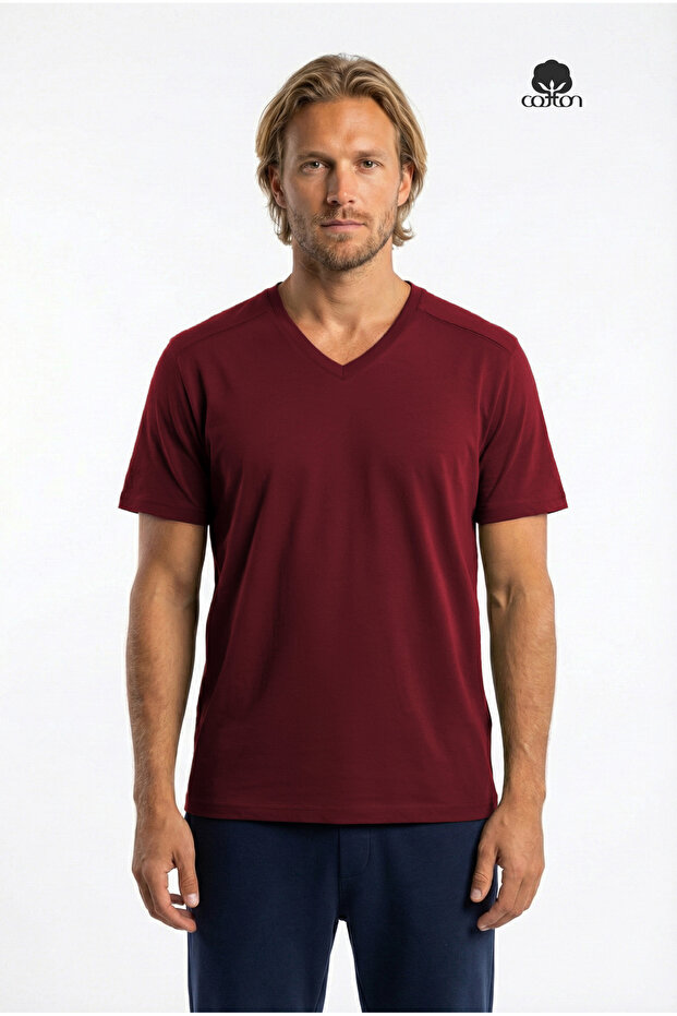 Men's Amadeus Regular Cut V-Neck Short Sleeve Combed Cotton T-Shirt Bordo