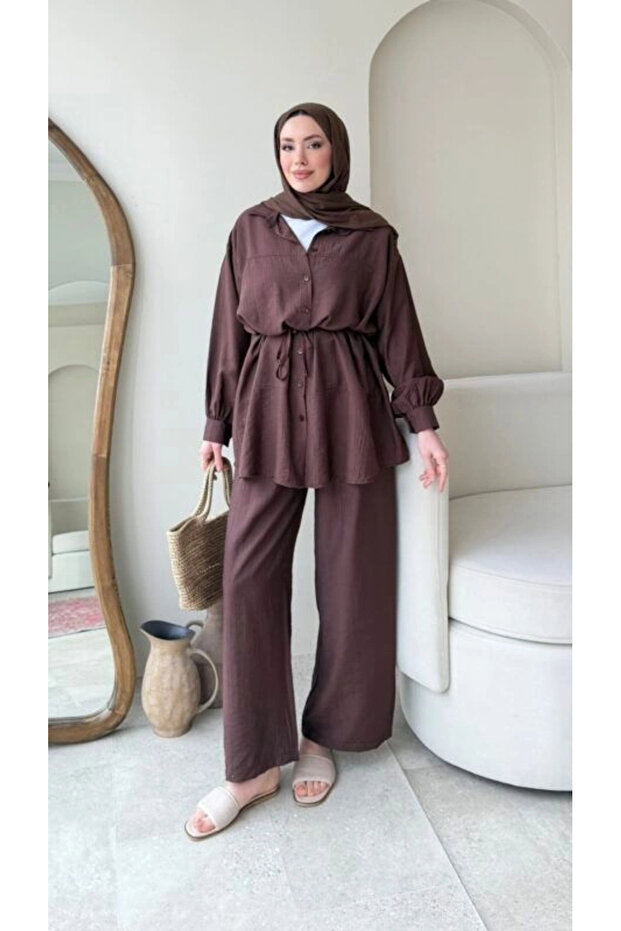 Strawberry Fabric Trousers Set - Brown